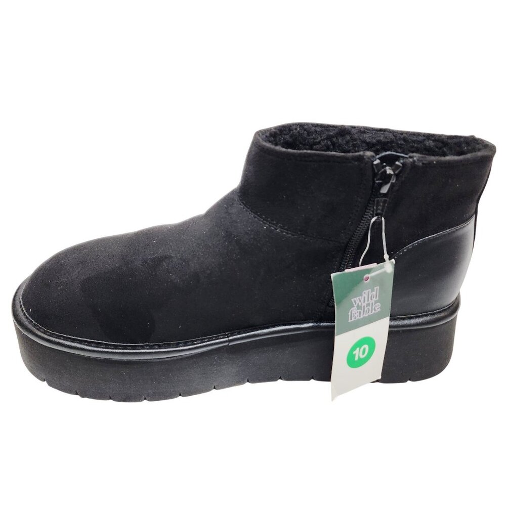 Wild Fable Platform Black Ankle Boots Size 10 Faux Suede Faux Fur Warm Lining